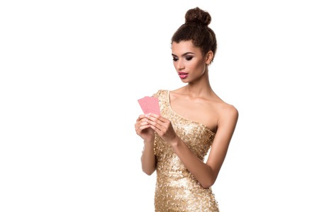 Pretty african girl shows two cards in casino poker and winの写真素材