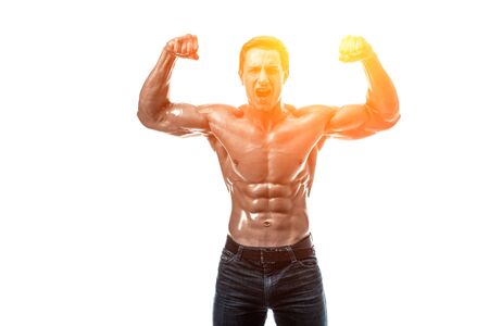 Muscular handsome young man with naked torso. Isolated on whiteの写真素材
