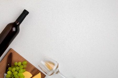 Wine, glasses and corkscrew over white background. Top viewの写真素材