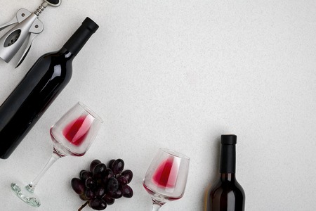 Two glasses of red wine and grapes. Top viewの写真素材