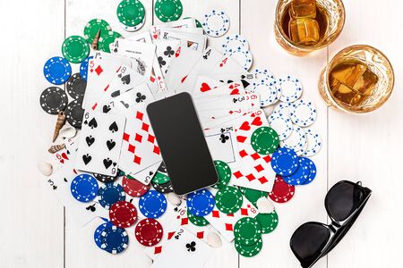 Post blog social media poker. View from above with copy space. Banner template layout mockup for...