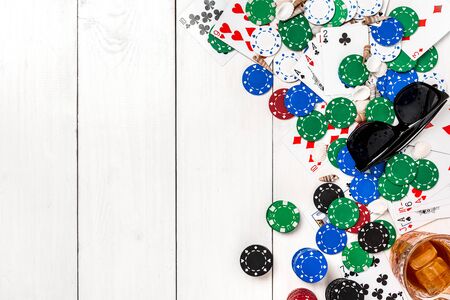 Post blog social media poker. Banner template layout mockup for online casino. Wooden white table, top view on workplace.の写真素材