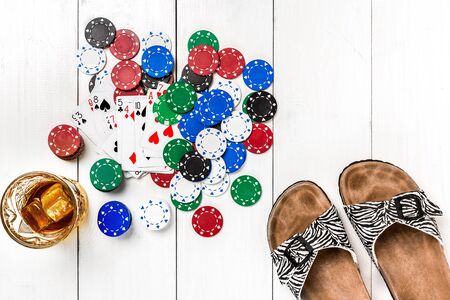 Post blog social media poker. Banner template layout mockup for online casino. Wooden white table, top view on workplace.の写真素材