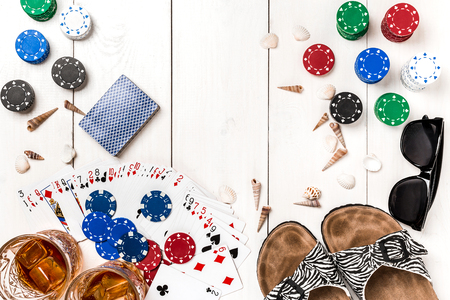 Post blog social media poker. Banner template layout mockup for online casino. Wooden white table, top view on workplace.の写真素材