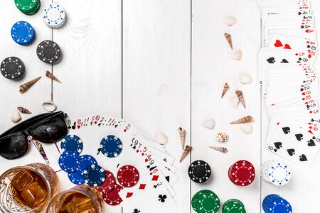 Post blog social media poker. Banner template layout mockup for online casino. Wooden white table, top view on workplace.の写真素材