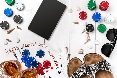 Post blog social media poker. Banner template layout mockup for online casino. Wooden white table, top view on workplace.の写真素材