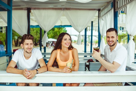 Friends toasting in summer vacation in a bar terrace on the beach
