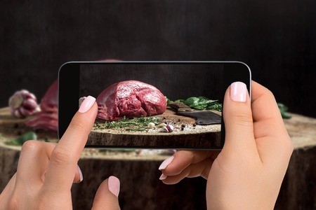A young woman taking photo of food on smartphone, photographing meal with mobile cameraの写真素材