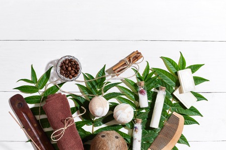 Natural spa and aromatherapy skincare beauty products with bathroom accessories including exfoliating scrubs, oils, sponges, bath bombs and soaps.の写真素材