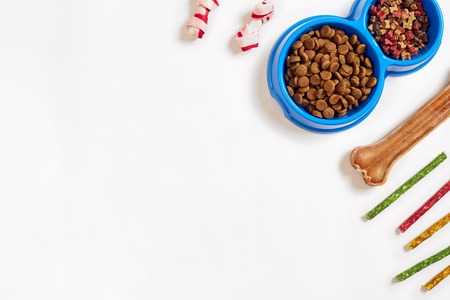 Dry pet food in bowl and bone on white background top viewの写真素材