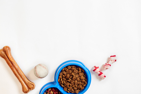 Dry pet food in bowl and toys for dogs on white background top viewの写真素材
