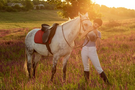 Jockey young girl petting and hugging white horse in evening sunset. Sun flareの写真素材