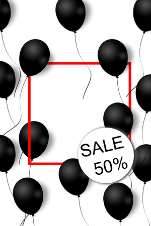 Beautiful black balloons randomly flying over red frame. Party elegant background with space for text. Red frame, balloons. Illustration. Patternの写真素材
