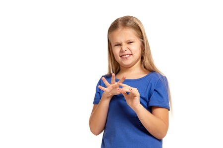 Portrait of adorable emotional little girl isolated on a white