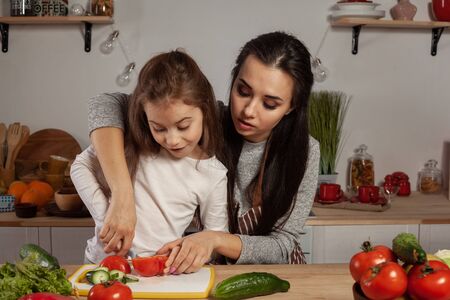 Mother and her daughter are making a vegetable salad and having fun at the kitchen.の写真素材