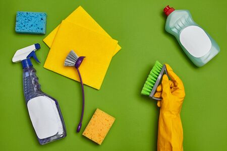 Detergents and cleaning accessories on a green background. Housekeeping concept.の写真素材