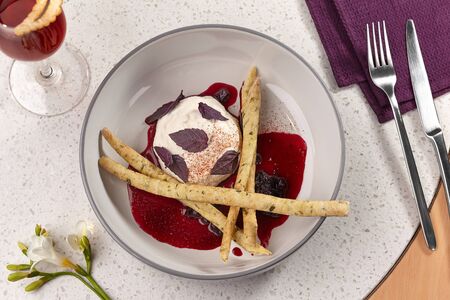 Close-up shot of a sweet tasty dessert. Delicious menu item.