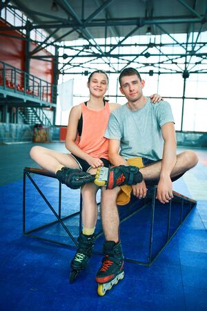 Girl and boy in skate parkの写真素材