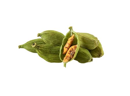 Handful of a green cardamom pods with seeds isolated on white background with copy space for text or images. Used as flavorings in both food and drink, as cooking spices and as a medicine. Frame composition, close-up shot.の写真素材