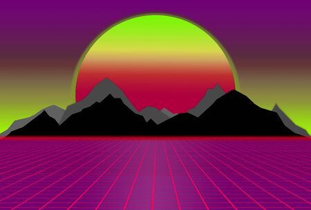 80s style sci-fi, purple and pink background with sunset behind black and gray mountains. futuristic illustration or poster template. Synthwave banner. Suitable for any print design in retro style.の写真素材