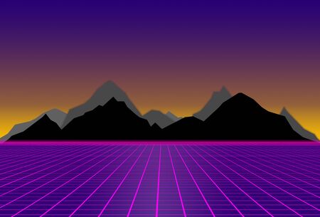 80s style sci-fi, purple background with black and gray mountains. futuristic illustration or poster...