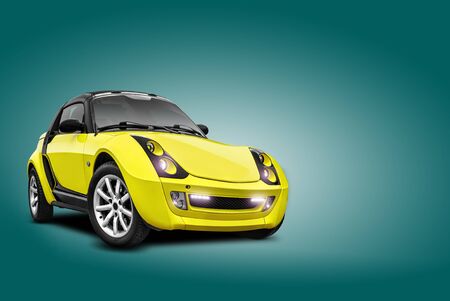 Brand new yellow car on blue background. A realistic shadow is drawn in under it. Collage. Copy space for your text or images, close-up.の写真素材
