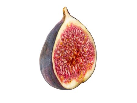 Half of a purple fig isolated on white background with copy space. Soft, sweet fruit, skin is thin, red flesh has many seeds inside of it. Close-up.の写真素材