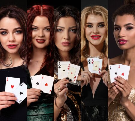 Collage of five females in stylish dresses and jewelry. They smiling and showing aces, posing against colorful backgrounds. Poker, casino. Close-upの写真素材
