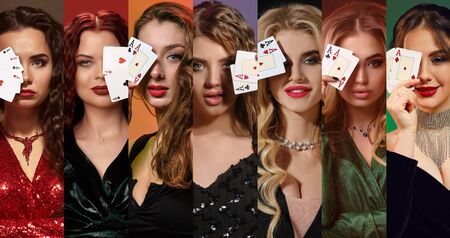 Collage of models in dresses and jewelry. They covered one eye by two playing cards, smiling, posing on colorful backgrounds. Poker, casino. Close-upの写真素材