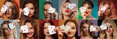 Collage of models with stylish hairstyles, in jewelry. They covered one eye by playing cards, posing...