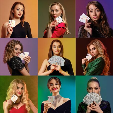 Collage of models smiling, showing money and aces, posing on colorful