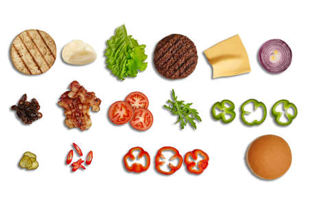Set of ingredients for delicious burger isolated on white background. Cooking, fast food. Banner design. Close up, copy spaceの写真素材