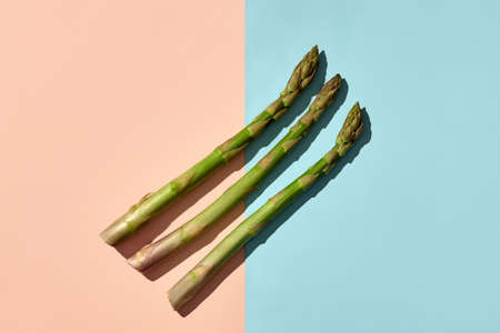 Three green raw asparagus stems on blue and pink background. Concept of healthy nutrition, food and seasonal vegetables harvest. Close up, copy spaceの写真素材