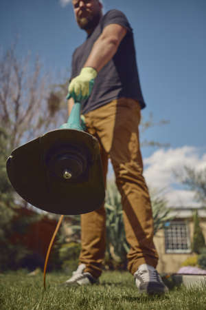 Bearded man in casual clothes and gloves is trimming green grass with professional electrical mini lawn mower on his backyard. Sunny day. Close upの写真素材