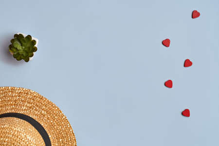 Straw hat, green succulent in white pot and wooden red hearts over blue background. Close up, copy spaceの写真素材