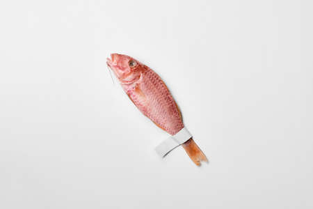 Salted sun-dried red mullet with paper label on tail on white surface