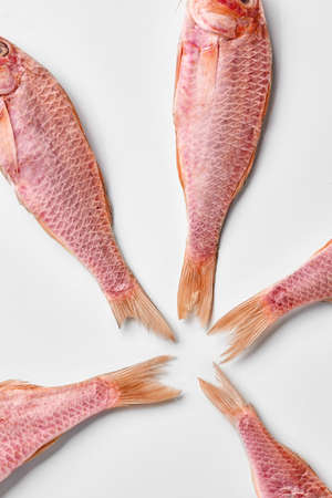 Five air-dried red mullets tails arranged on white backgroundの写真素材