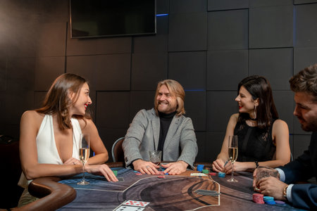 Happy man winning poker game, raking pile of chips at gaming table in casino