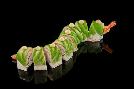 Sushi rolls with shrimp, cream cheese, avocado and Japanese mayonnaiseの写真素材