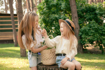 Two cheerful preteen girls sitting on stump and sniffing daisies in summer parkの写真素材