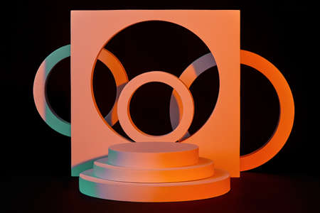 Product showcase podium with coral geometric shapes on black background