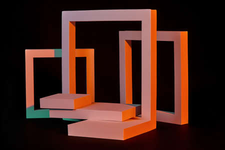 Showcase layout of coral three-step platform with square frames on black background