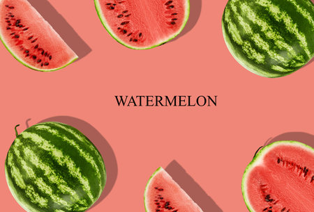 Green, striped watermelon with halves, slices, on pink background with inscription watermelon and...
