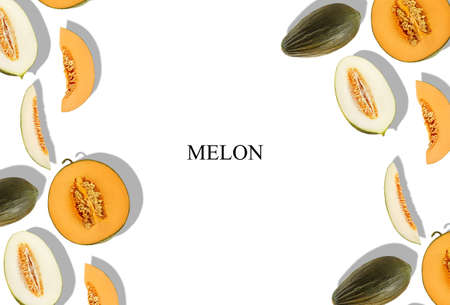 Melons of different varieties, whole, halves and slices, isolated on white with inscription melon and copy space for text, images. Close-up, top view.の写真素材