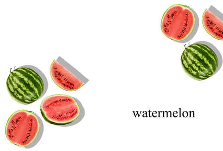 Green, striped watermelon with halves, slices, isolated on white background with inscription watermelon and copy space. Close-up, top view.の写真素材