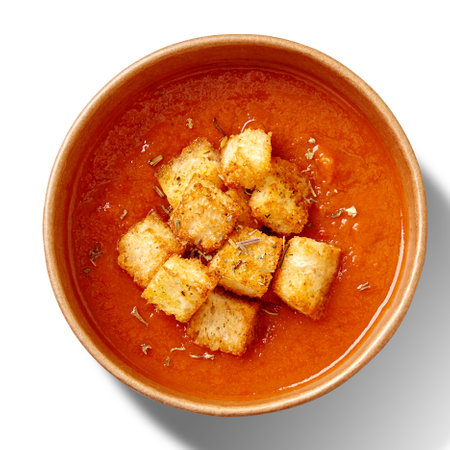 Thick cold gazpacho soup with croutons in cardboard bowl solated on whiteの写真素材