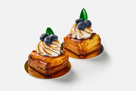 Small square cheesecakes on shortcrust pastry with meringue and blueberries on whiteの写真素材