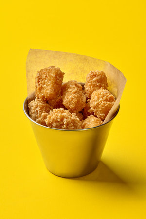 Metal bucket with chicken nuggets on yellow backgroundの写真素材
