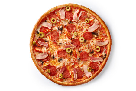 Meat pizza with bacon, pepperoni sausage, mushrooms, olives and tomatoesの写真素材