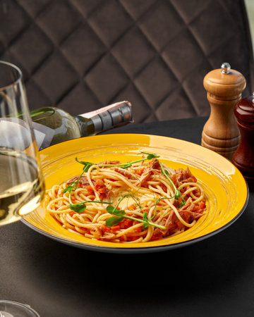 Pasta with duck ragu and creamy cheese sauce on yellow plateの写真素材